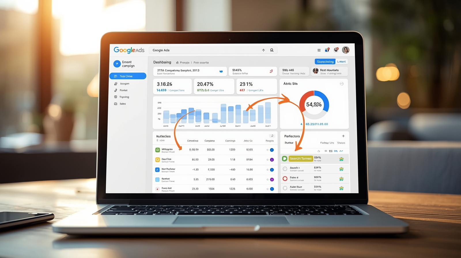 Dashboard de Google Ads con métricas clave destacadas